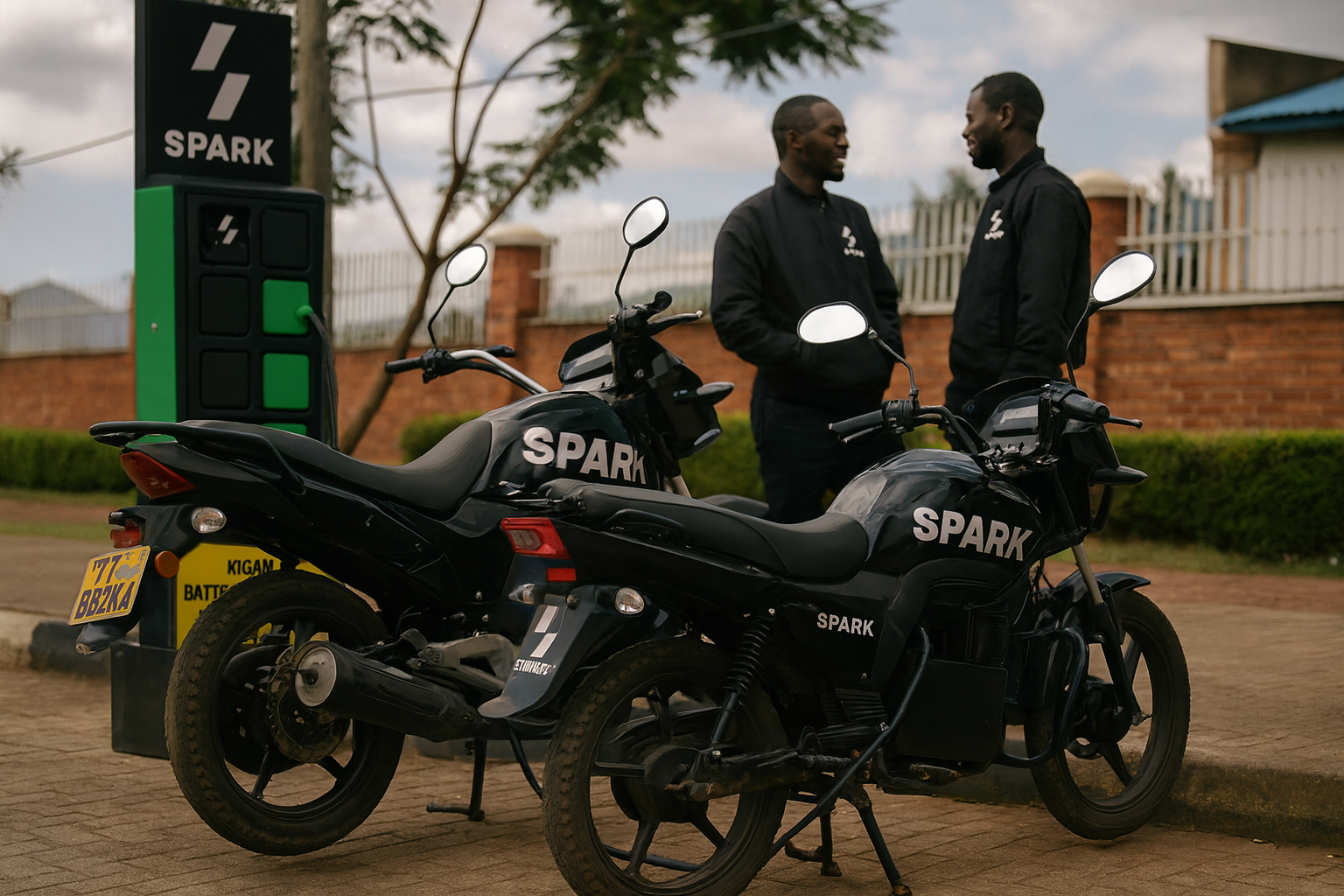 Two electric motorcycles charging at a curbside station in a busy African city; riders chat nearby in reflective jackets